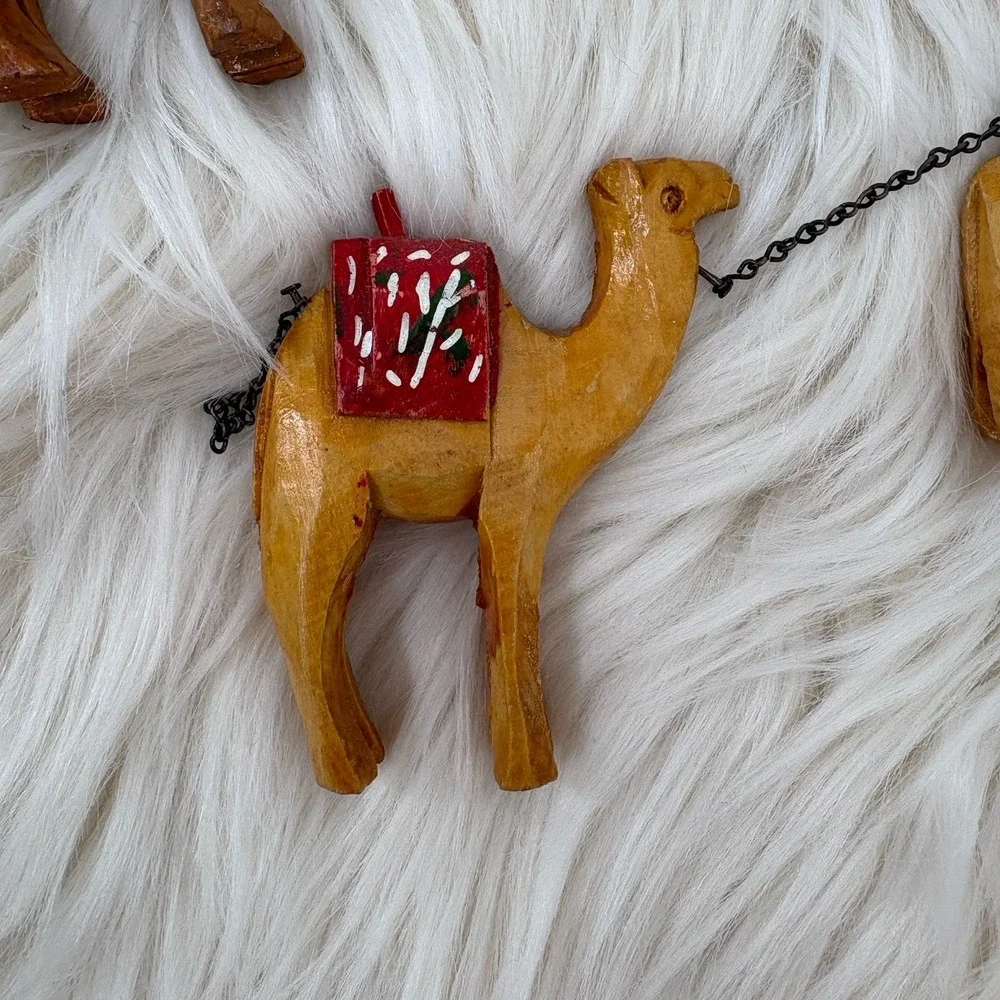 Vintage Donkey &‎ Camel Train Figurines Hand Carved Olive Wood Jerusalem caravan